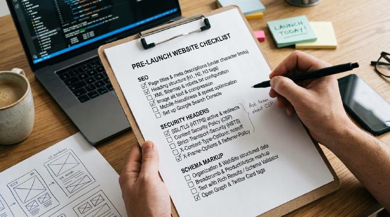 A website checklist covering SEO, security headers, and schema markup laid out before a site launch